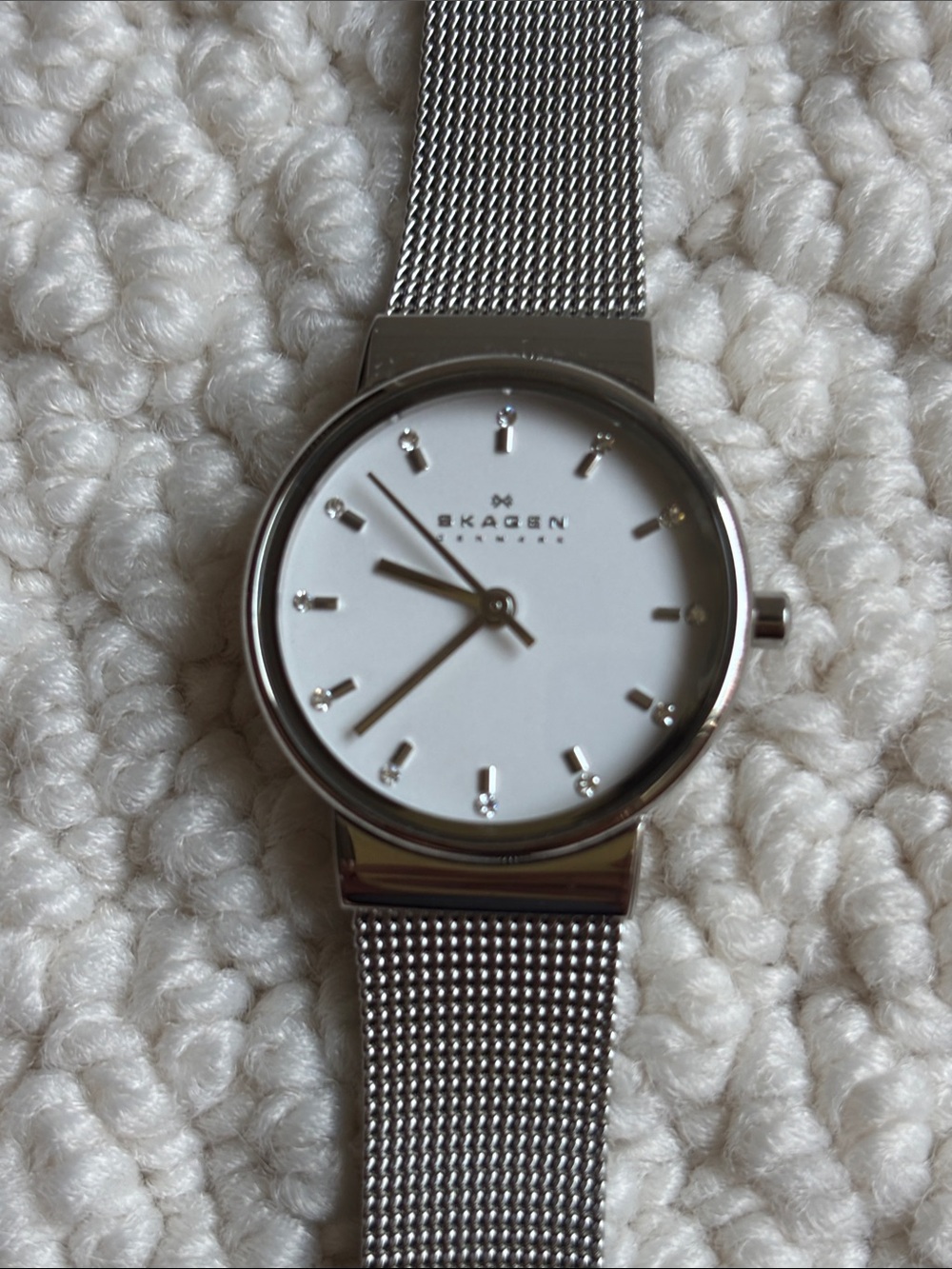 Skagen Silver Mesh Watch with White Dial